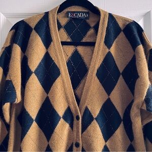 ESCADA INTARSIA WOOL SILK ARGYLE V NECK CARDIGAN RARE VINTAGE PREPPY Camel 38